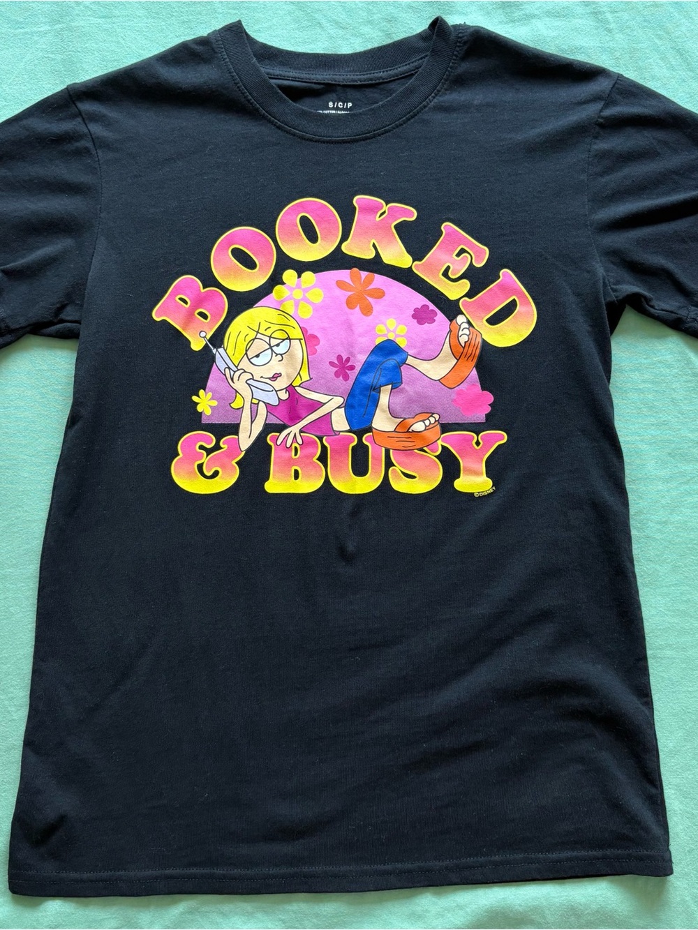 New Lizzie McGuire Cartoon Tee black 'Booked & Busy' Graphic Small T‑Shirt